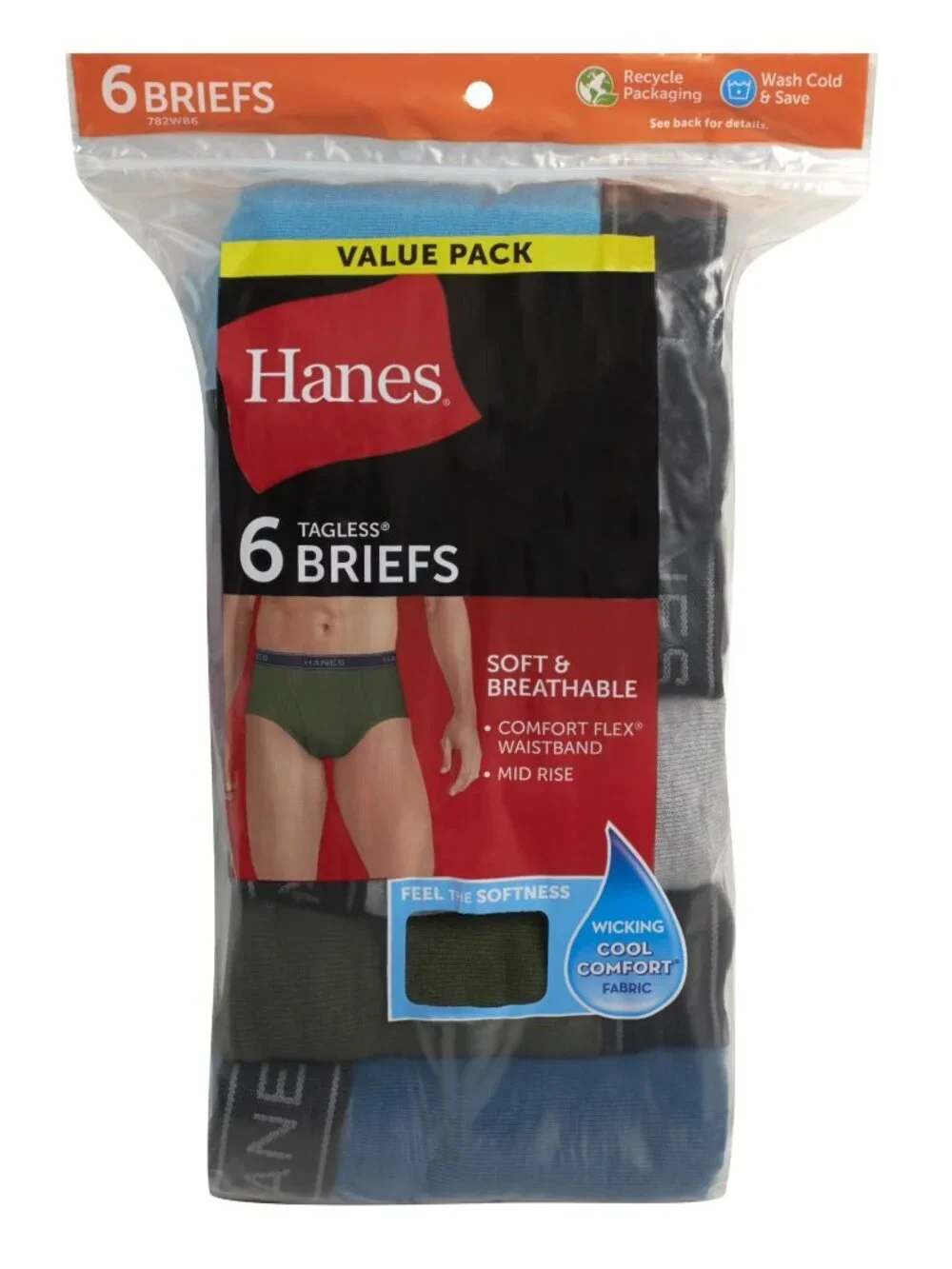 Hanes Comfort Flex Briefs Underwear Mid-Rise 6-Pack Multi-color Men's Size Large